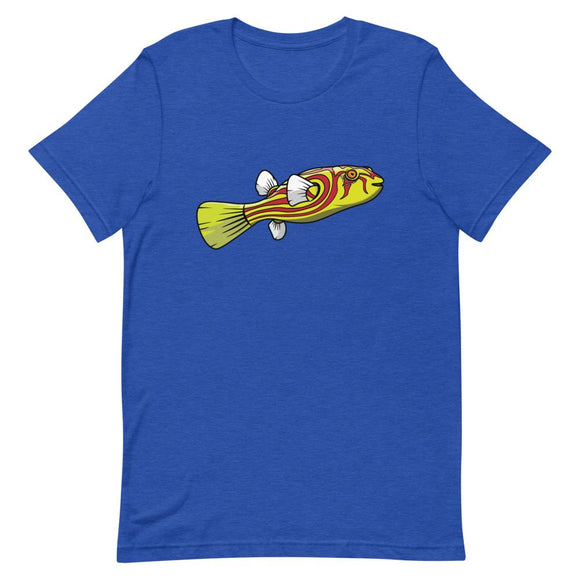 Picture of Royal Blue Fahaka Puffer Fish Shirt for sale on white background. Featuring Tetraodon lineatus a yellow and red freshwater aquarium species. 